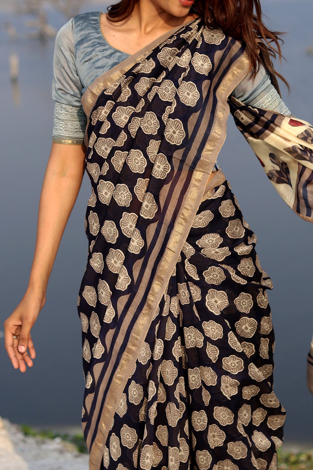 Whispered Black Handblock printed Chanderi Saree - SootiSyahi