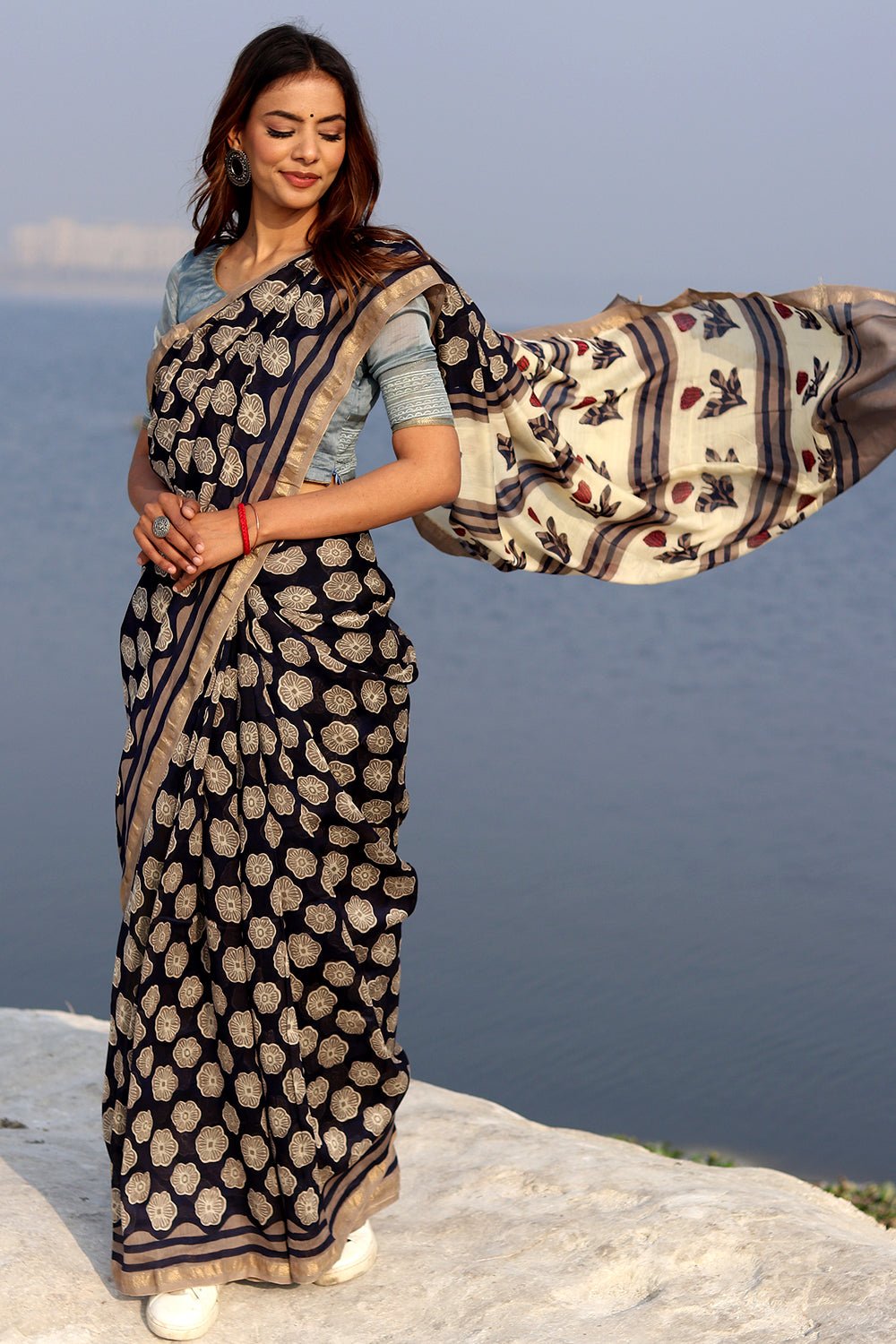 Whispered Black Handblock printed Chanderi Saree - SootiSyahi