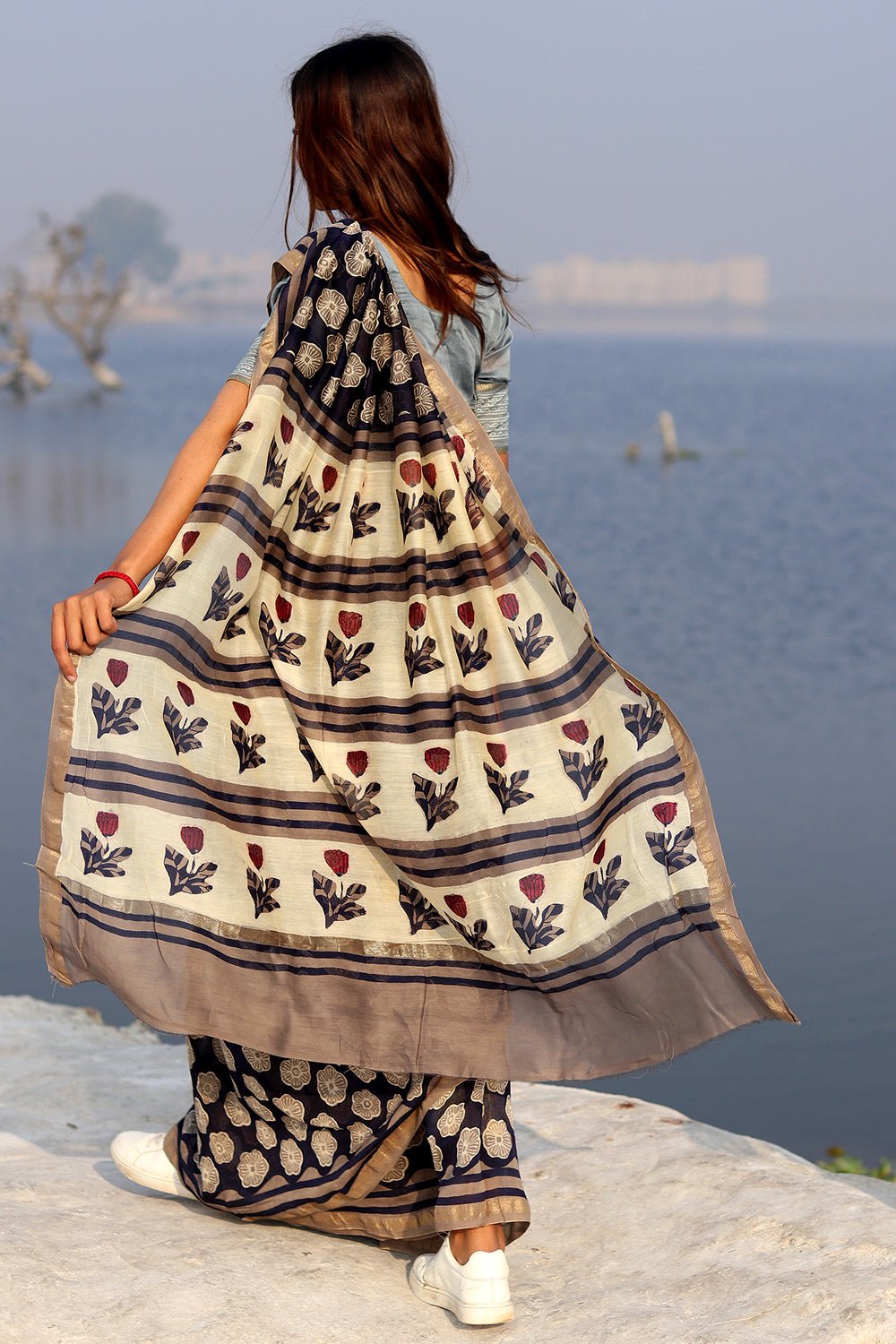 Whispered Black Handblock printed Chanderi Saree - SootiSyahi