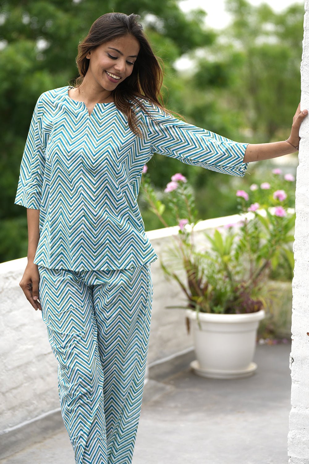 Whispered Skyline Block Printed Night suit - SootiSyahi