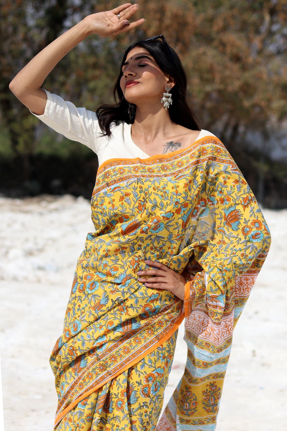 "Yellow Carnation" Block Printed Cotton Saree - SootiSyahi