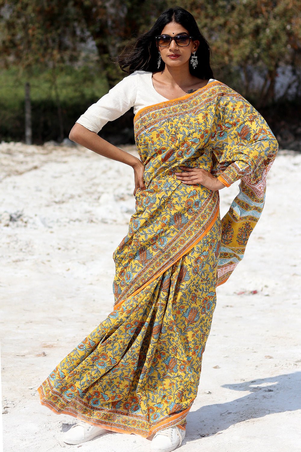 "Yellow Carnation" Block Printed Cotton Saree - SootiSyahi