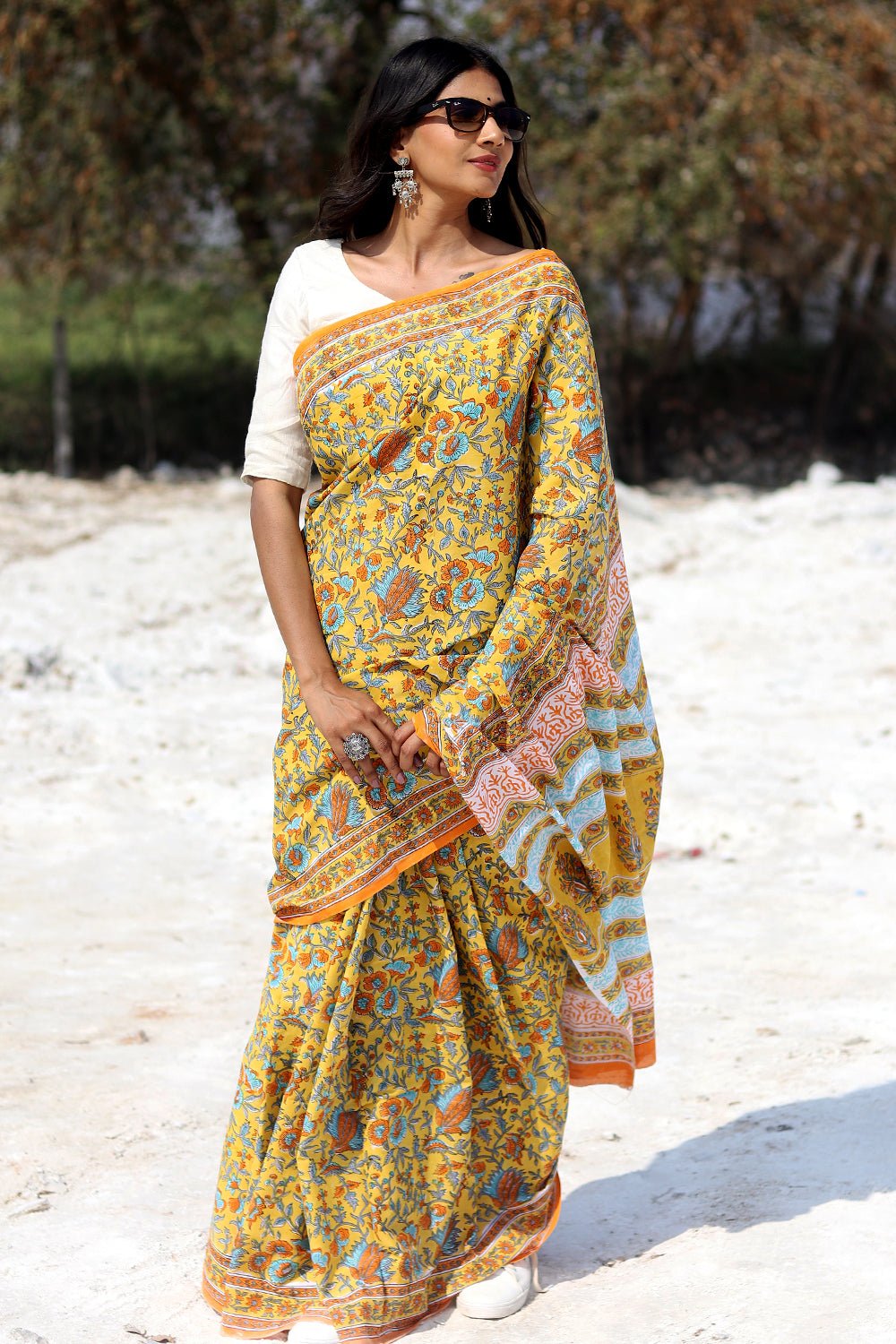 "Yellow Carnation" Block Printed Cotton Saree - SootiSyahi