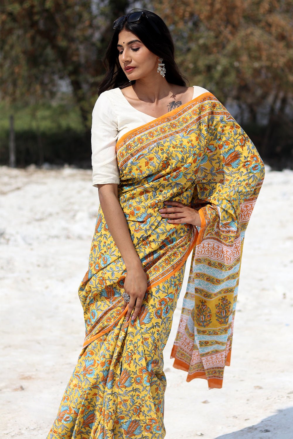 "Yellow Carnation" Block Printed Cotton Saree - SootiSyahi