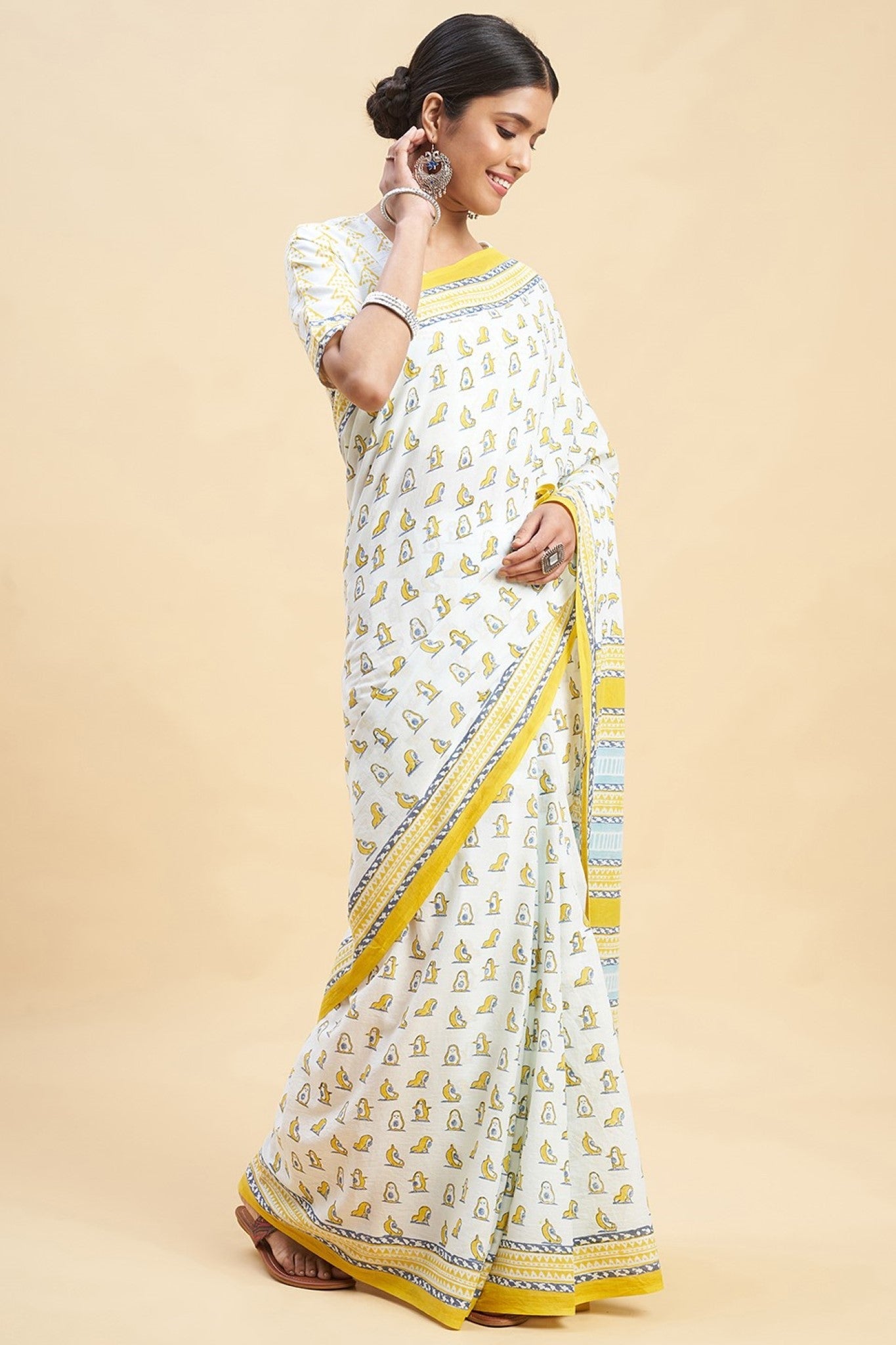 "Yellow Penguins" Block Printed Cotton Saree - SootiSyahi