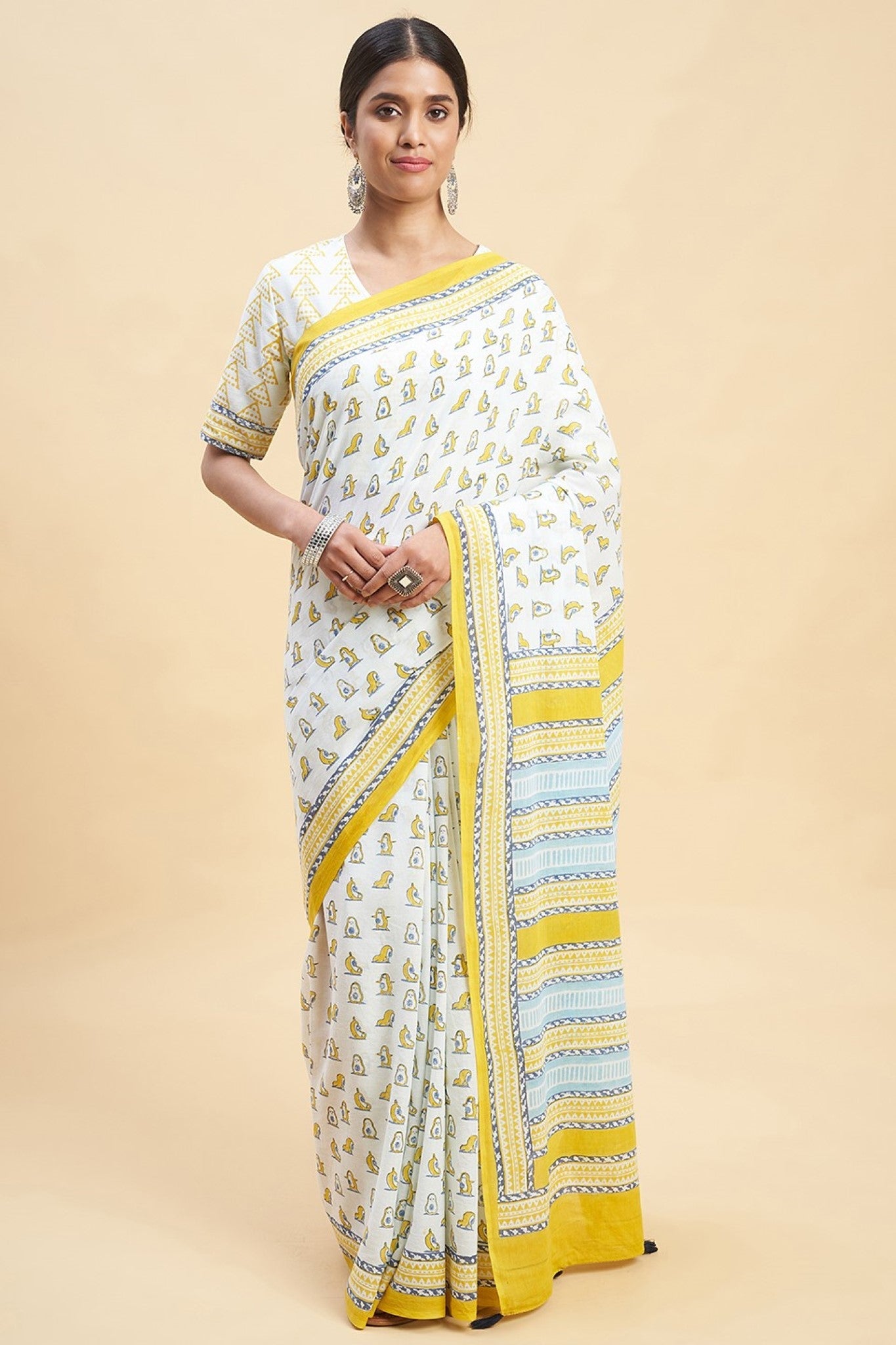 "Yellow Penguins" Block Printed Cotton Saree - SootiSyahi