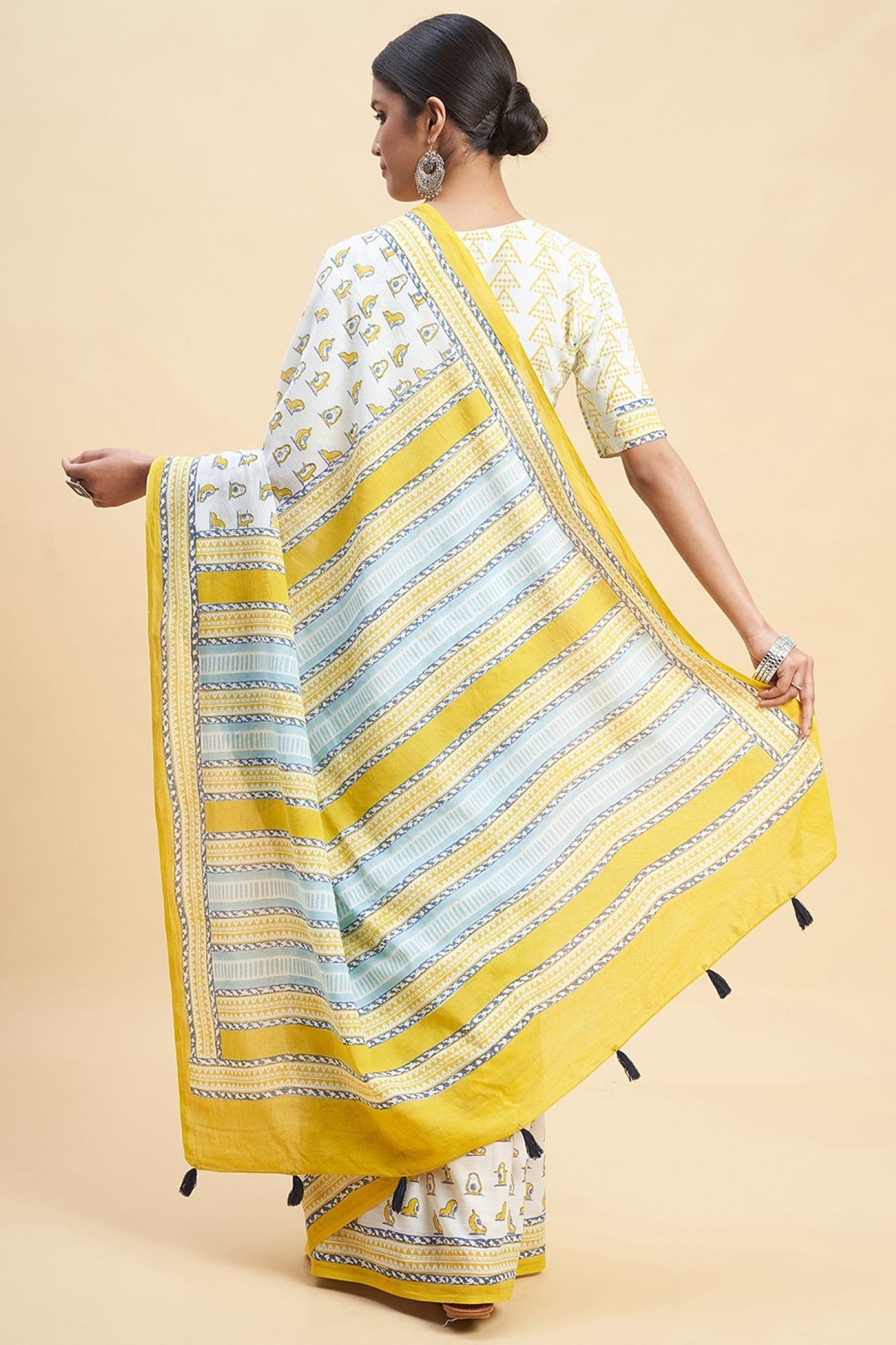 "Yellow Penguins" Block Printed Cotton Saree - SootiSyahi