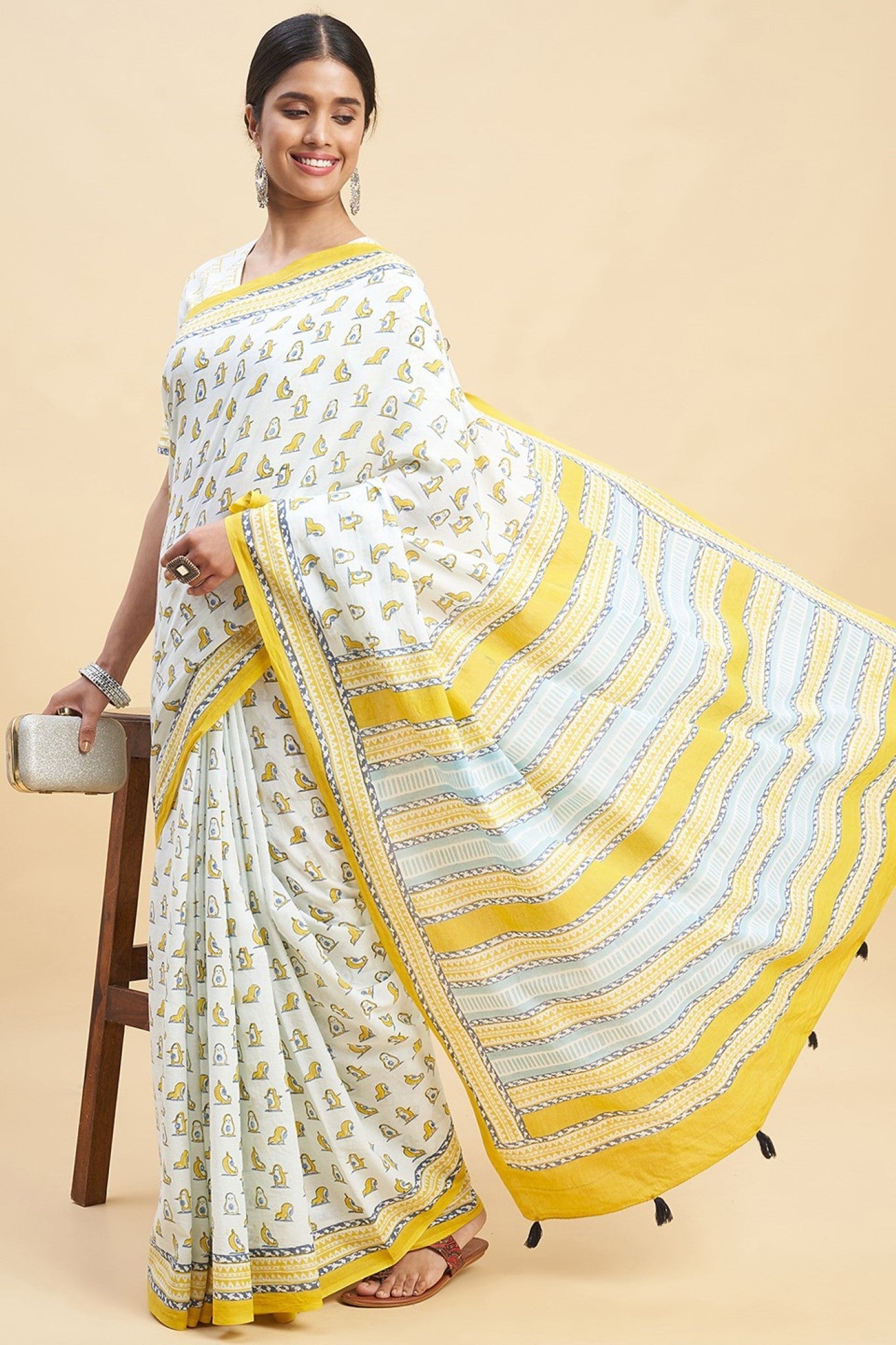 "Yellow Penguins" Block Printed Cotton Saree - SootiSyahi