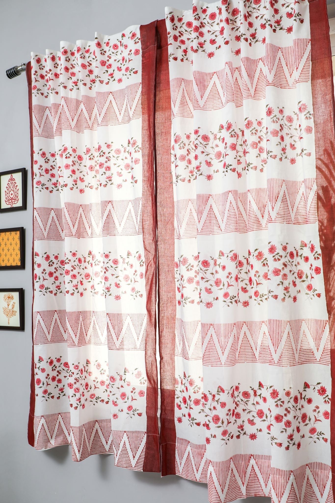 'Zig Zag ruby crush' Handblock Printed Cotton Window Curtain - SootiSyahi
