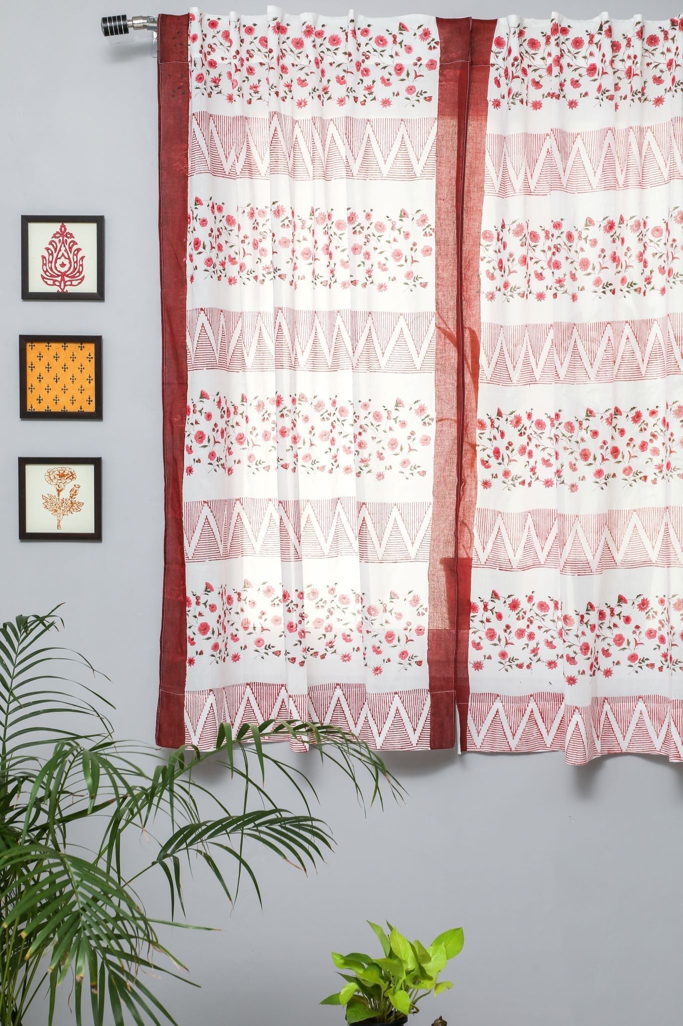 'Zig Zag ruby crush' Handblock Printed Cotton Window Curtain - SootiSyahi