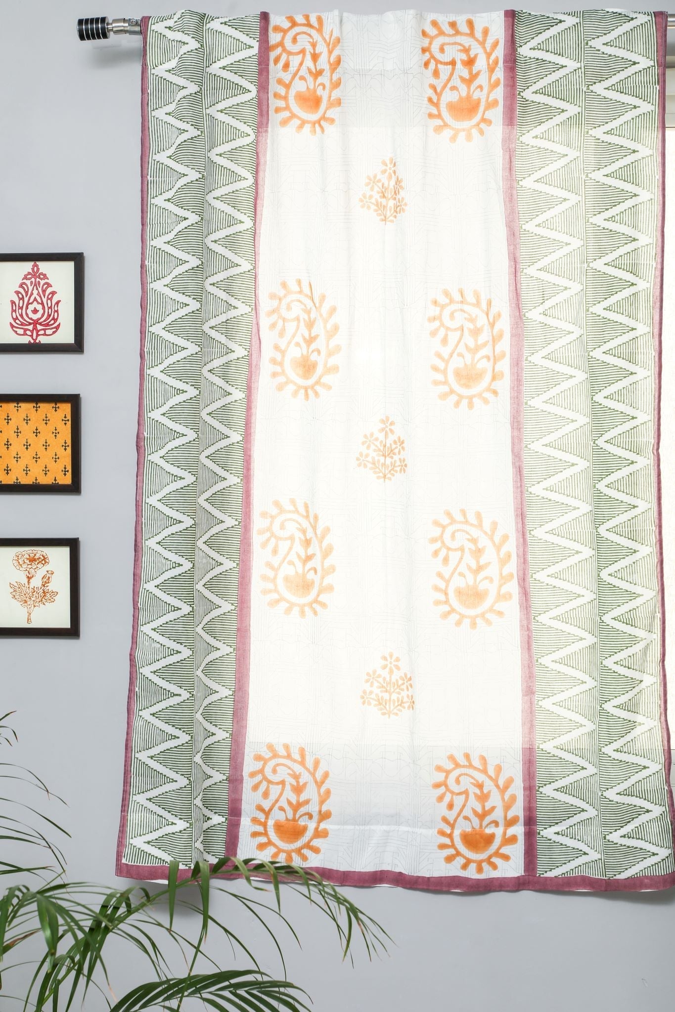 'Zigzag Sunburst' Handblock Printed Cotton Window Curtain - SootiSyahi