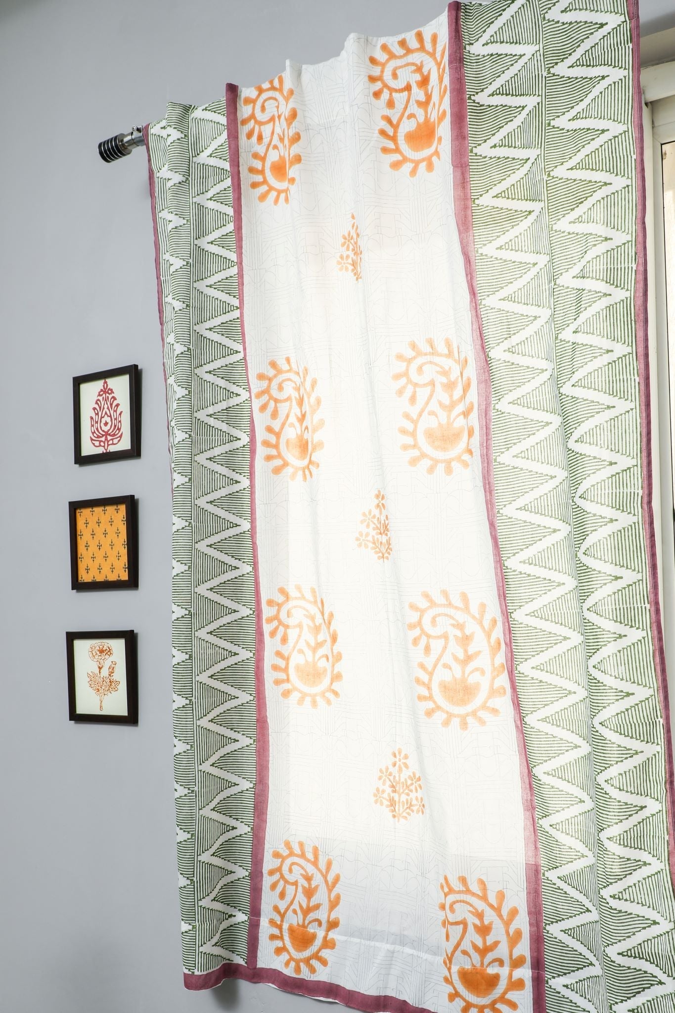 'Zigzag Sunburst' Handblock Printed Cotton Window Curtain - SootiSyahi