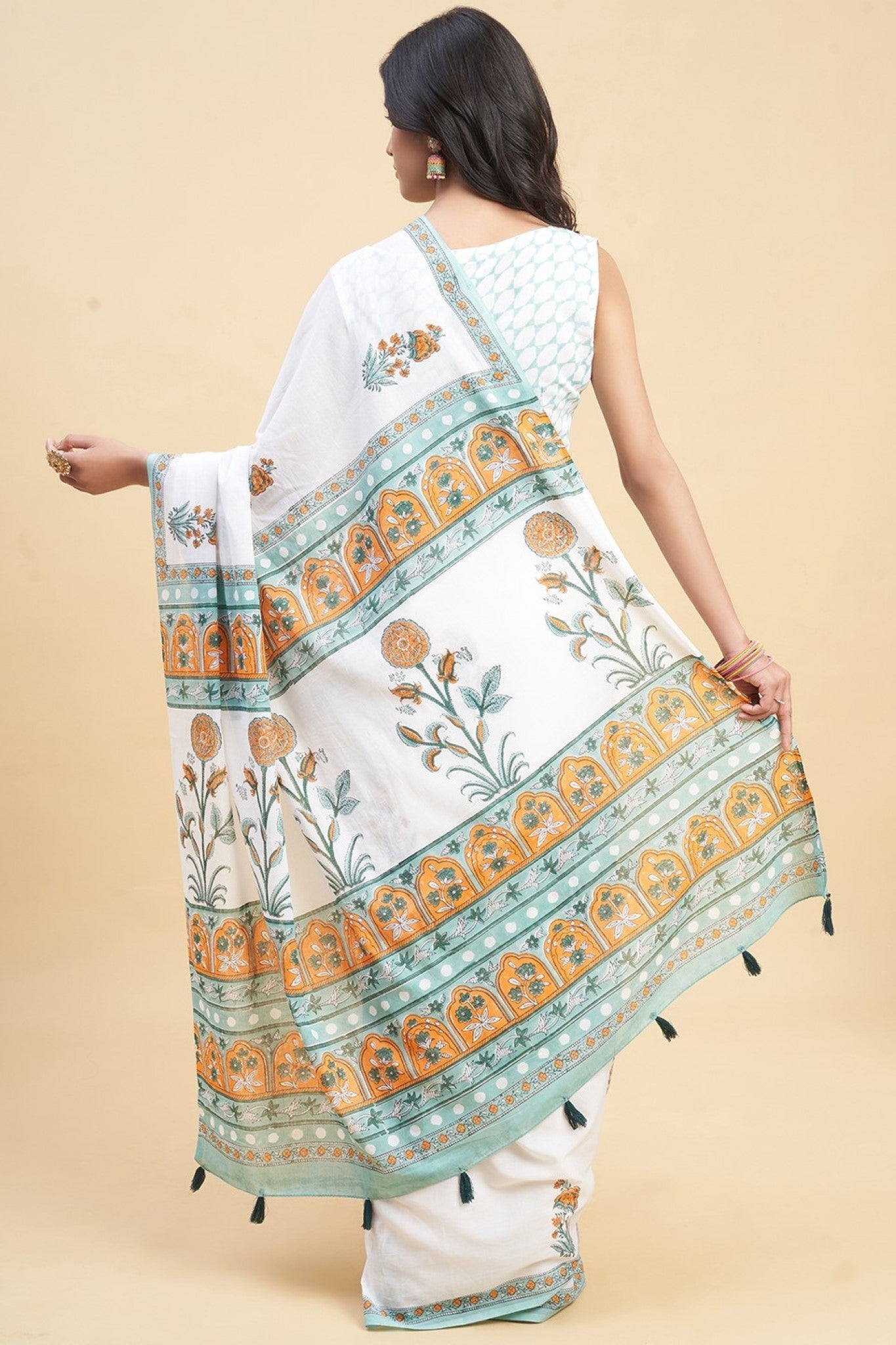 "Zinna Orange" HANDBLOCK PRINT MUL COTTON SAREE - SootiSyahi