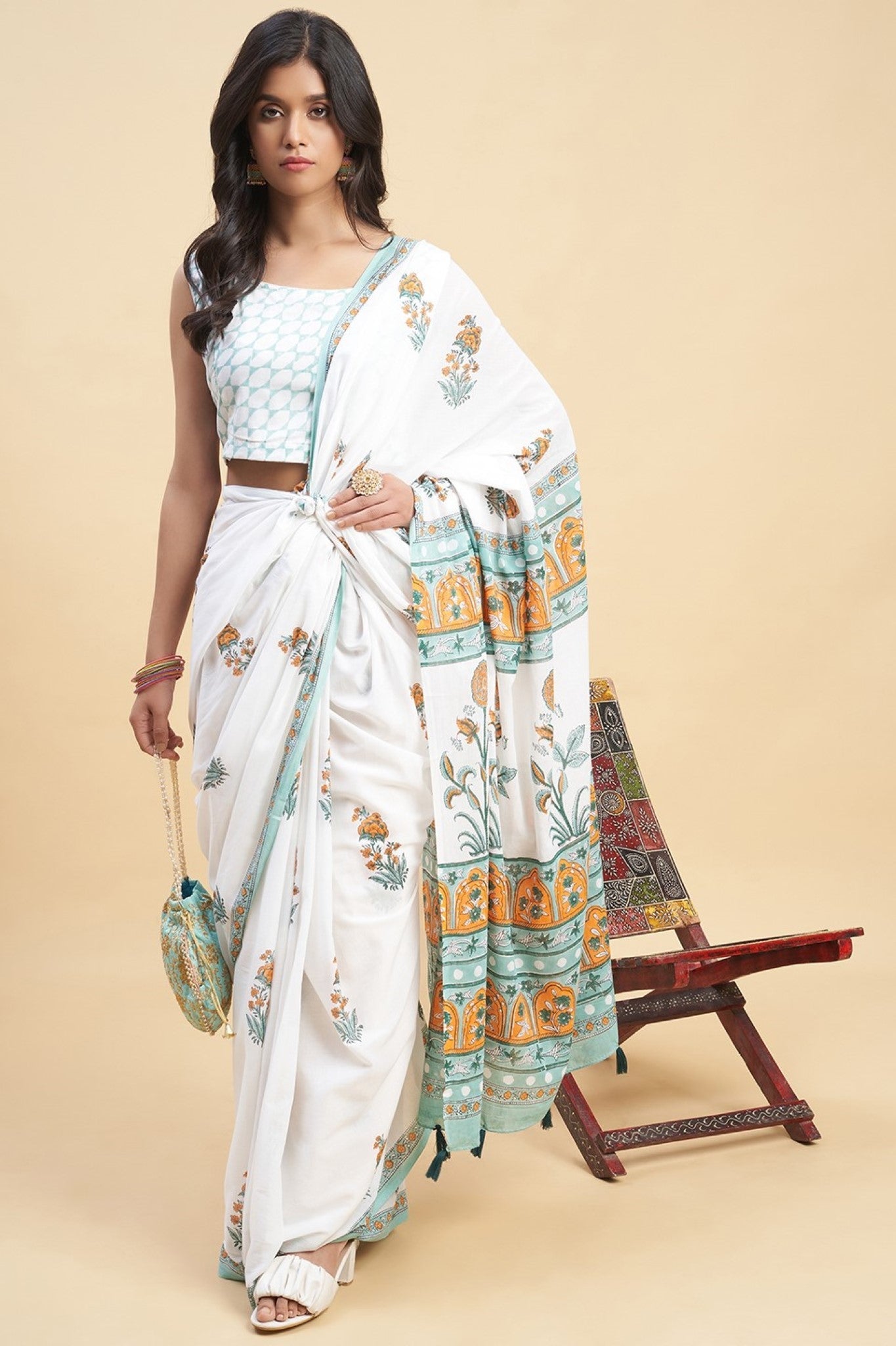 "Zinna Orange" HANDBLOCK PRINT MUL COTTON SAREE - SootiSyahi