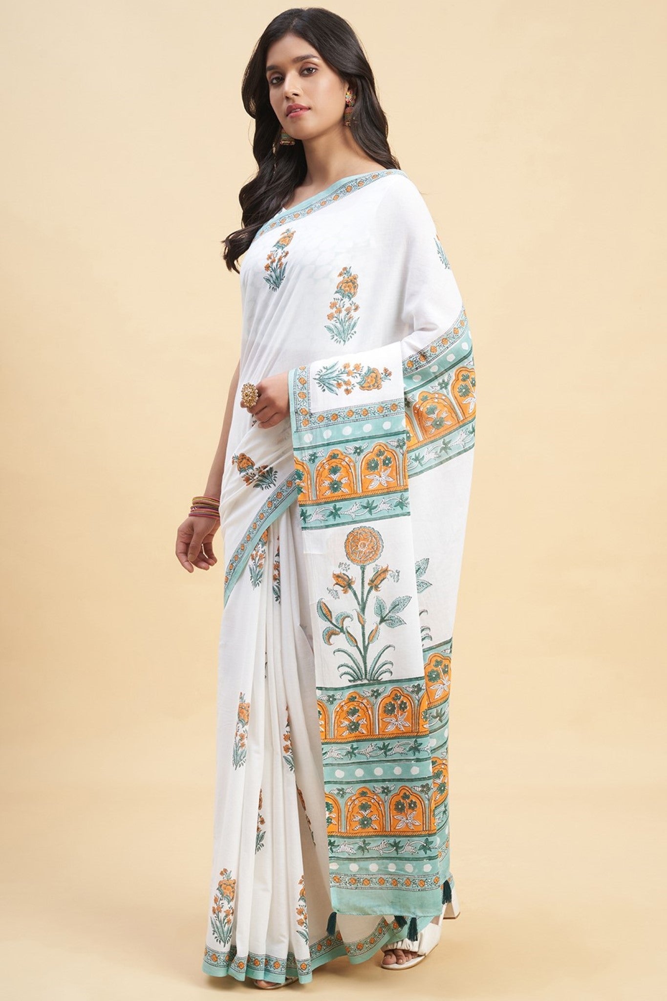 "Zinna Orange" HANDBLOCK PRINT MUL COTTON SAREE - SootiSyahi