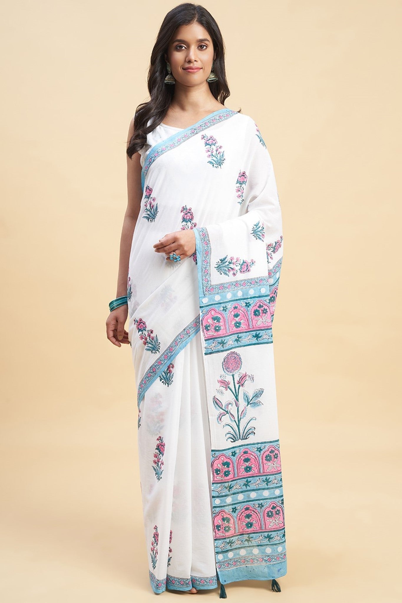 "Zinna Pink" HANDBLOCK PRINT MUL COTTON SAREE - SootiSyahi