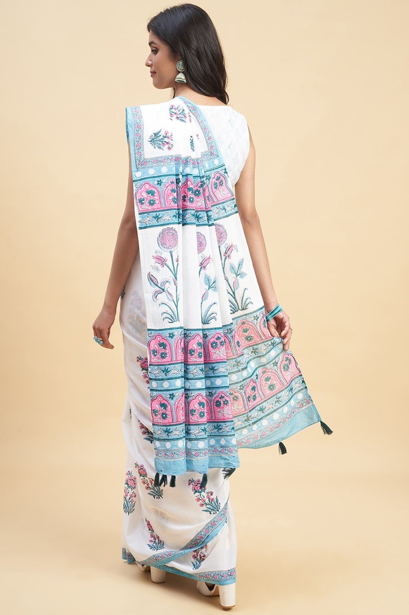 "Zinna Pink" HANDBLOCK PRINT MUL COTTON SAREE - SootiSyahi