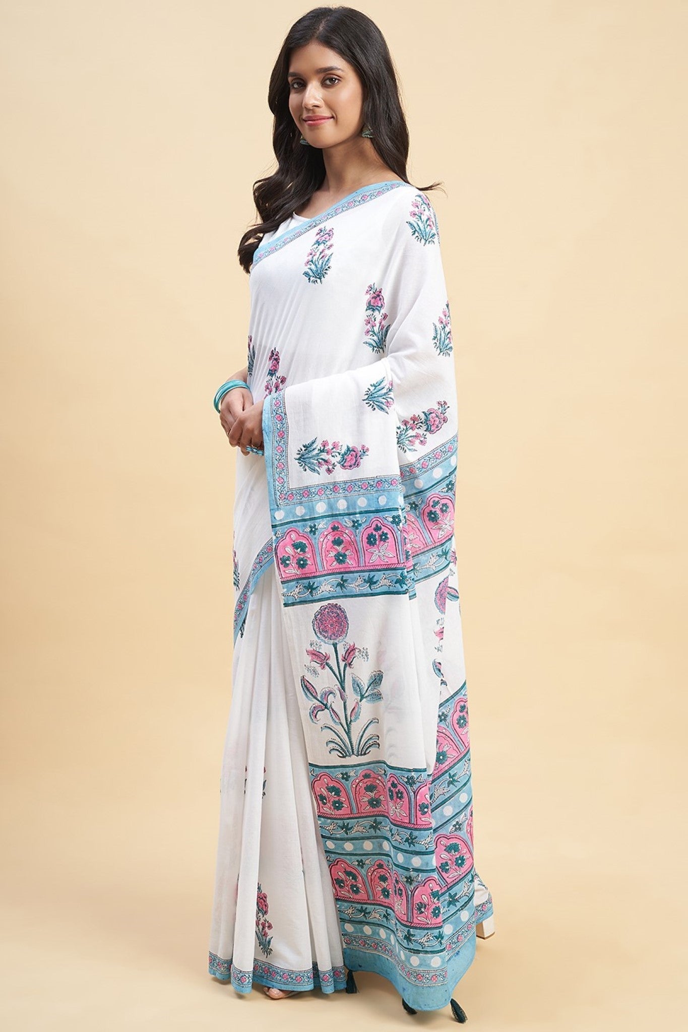 "Zinna Pink" HANDBLOCK PRINT MUL COTTON SAREE - SootiSyahi