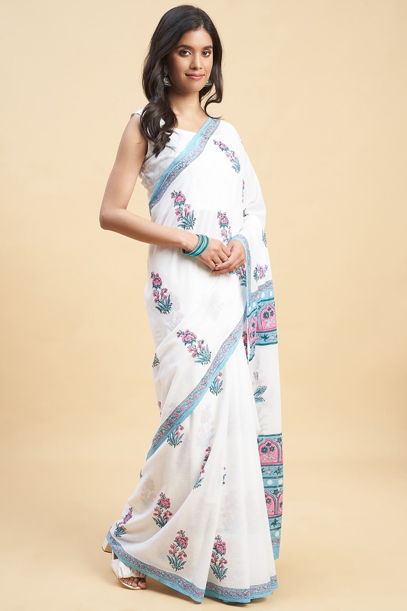 "Zinna Pink" HANDBLOCK PRINT MUL COTTON SAREE - SootiSyahi