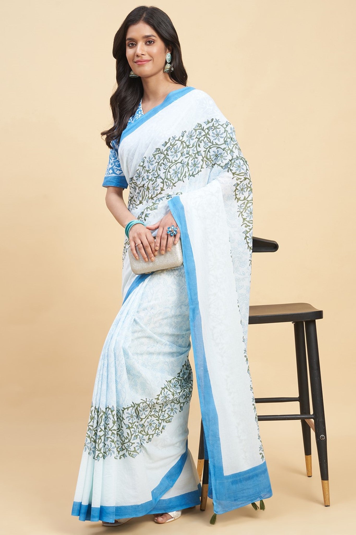 Unnati Silks Blue Cotton Floral Print Saree With Unstitched Blouse