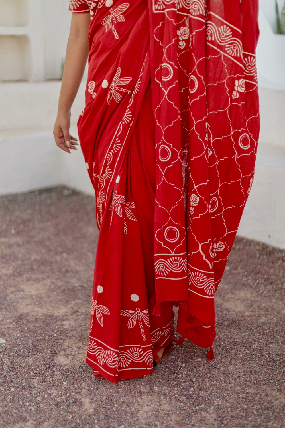Crimson Dragonfly - Hand Block Mul Mul Cotton Saree