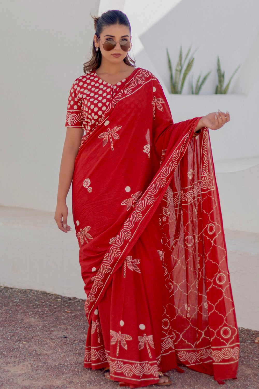 Crimson Dragonfly - Hand Block Mul Mul Cotton Saree