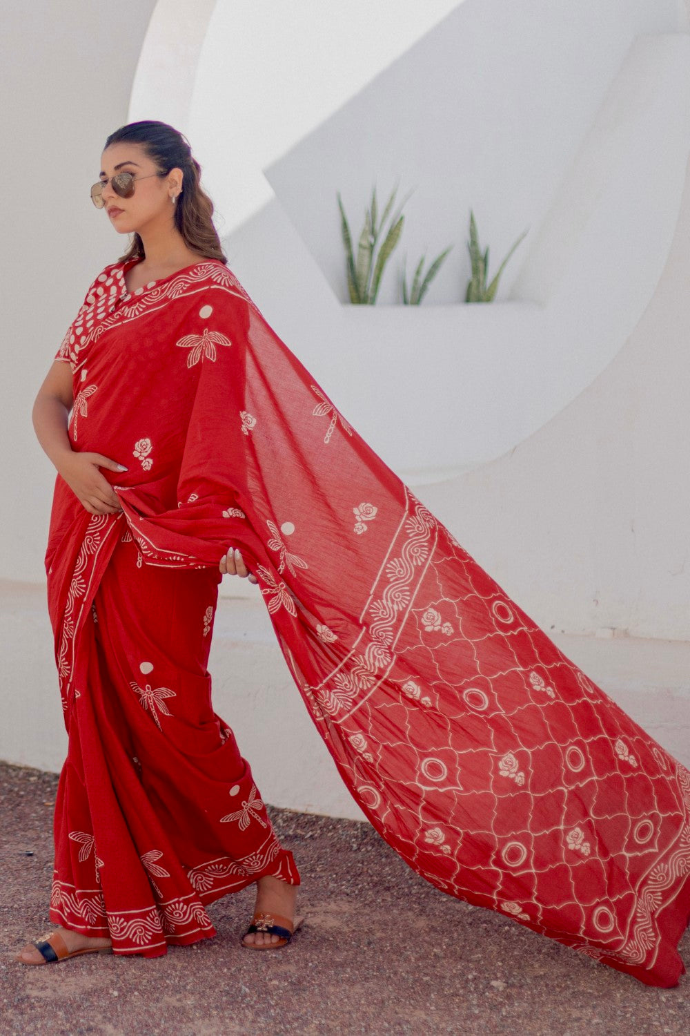 Crimson Dragonfly - Hand Block Mul Mul Cotton Saree