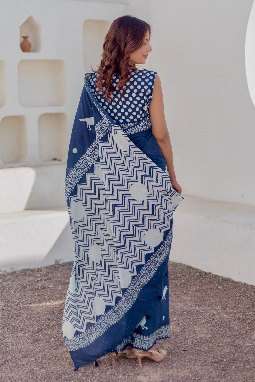 Midnight Sparrows - Hand Block Mul Cotton Saree - SootiSyahi