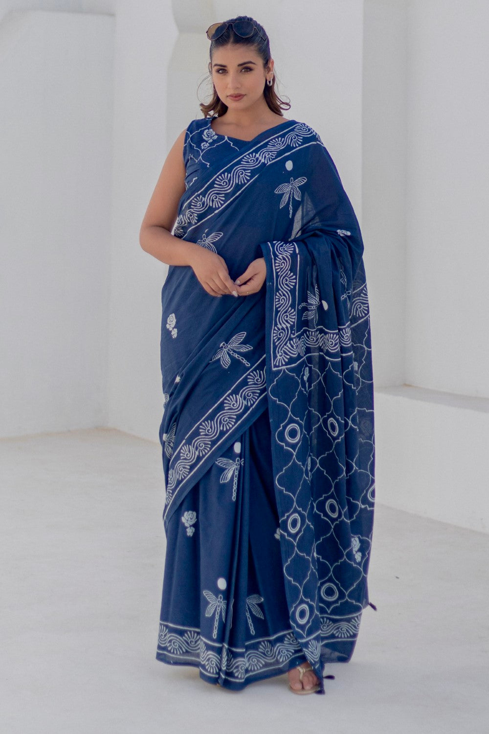 Indigo Dragonflies - Hand Block Mul Cotton Saree - SootiSyahi