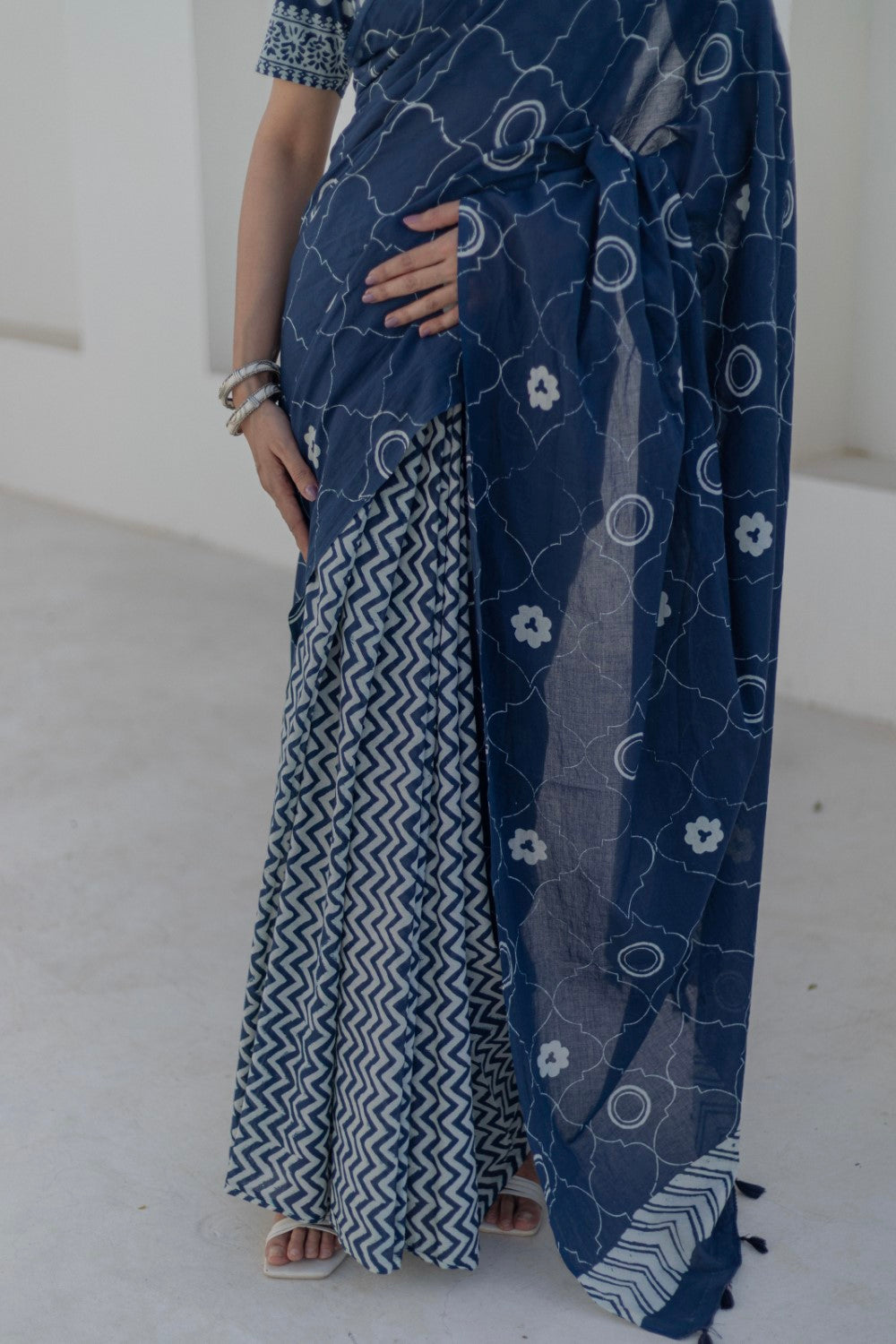 Midnight Circles - Hand Block Mul Cotton Saree - SootiSyahi