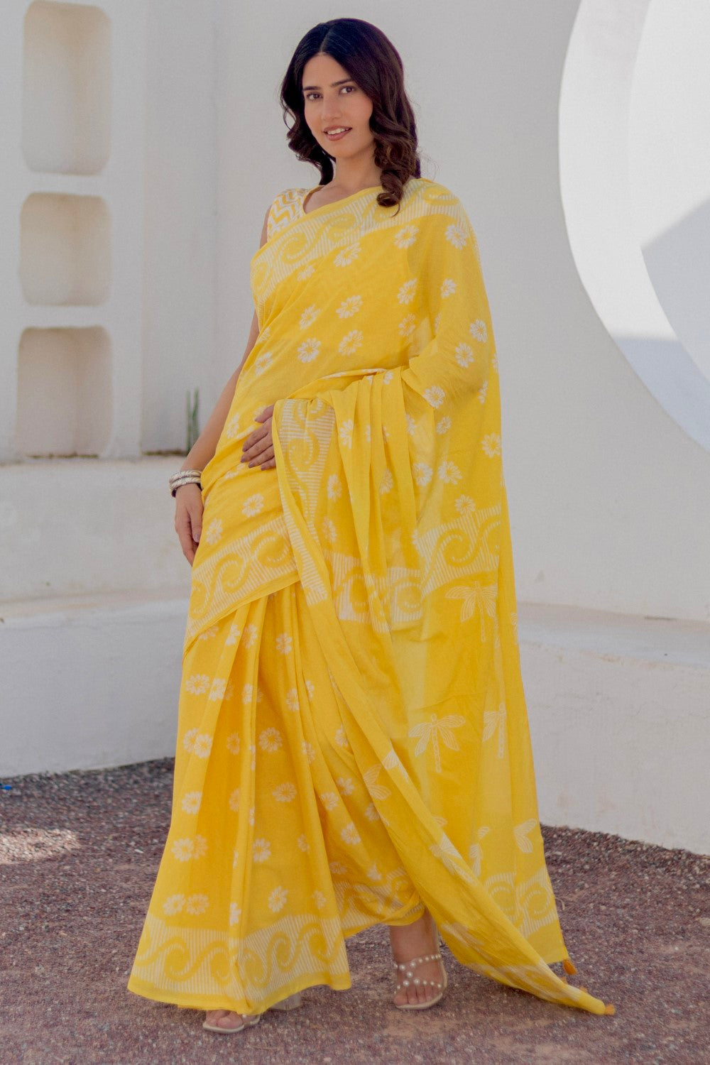 Sunshine Dots - Hand Block Mul Cotton Saree - SootiSyahi