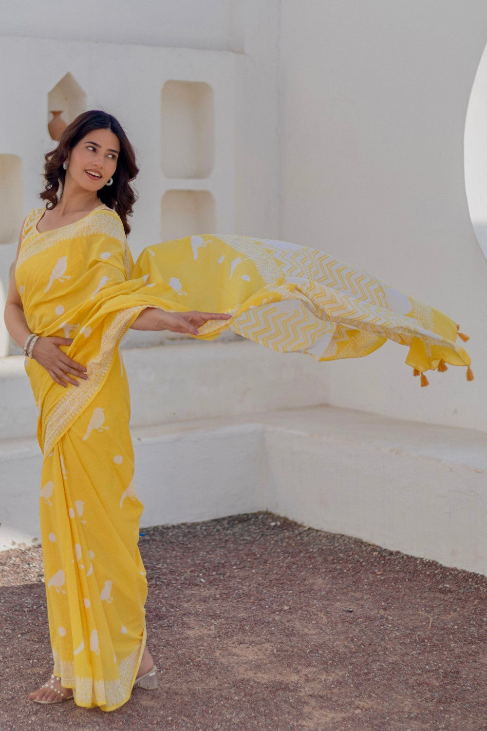 Golden Birds - Hand Block Mul Cotton Saree - SootiSyahi