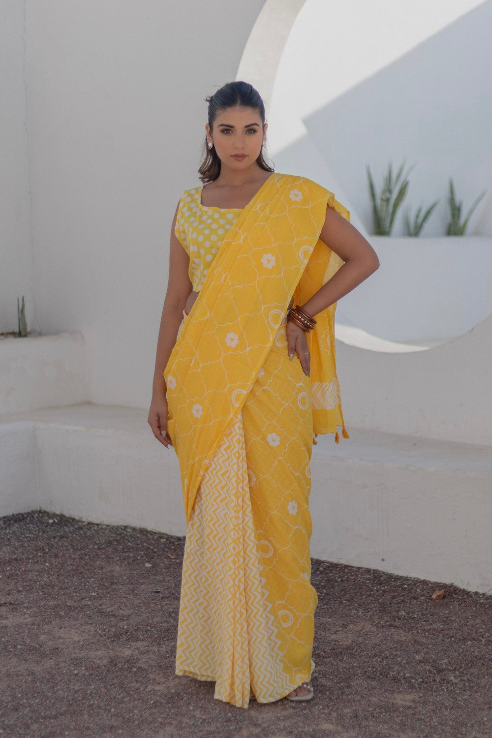 Sunshine Medallions - Hand Block Mul Cotton Saree - SootiSyahi