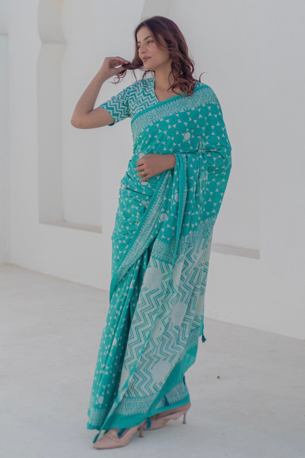 Turquoise Blooms - Hand Block Mul Cotton Saree - SootiSyahi