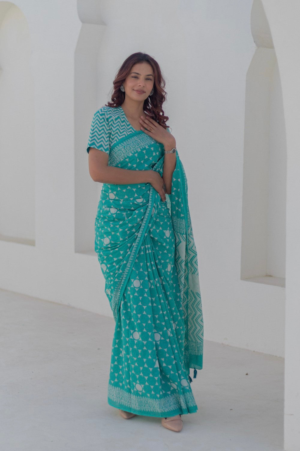 Turquoise Blooms - Hand Block Mul Cotton Saree - SootiSyahi