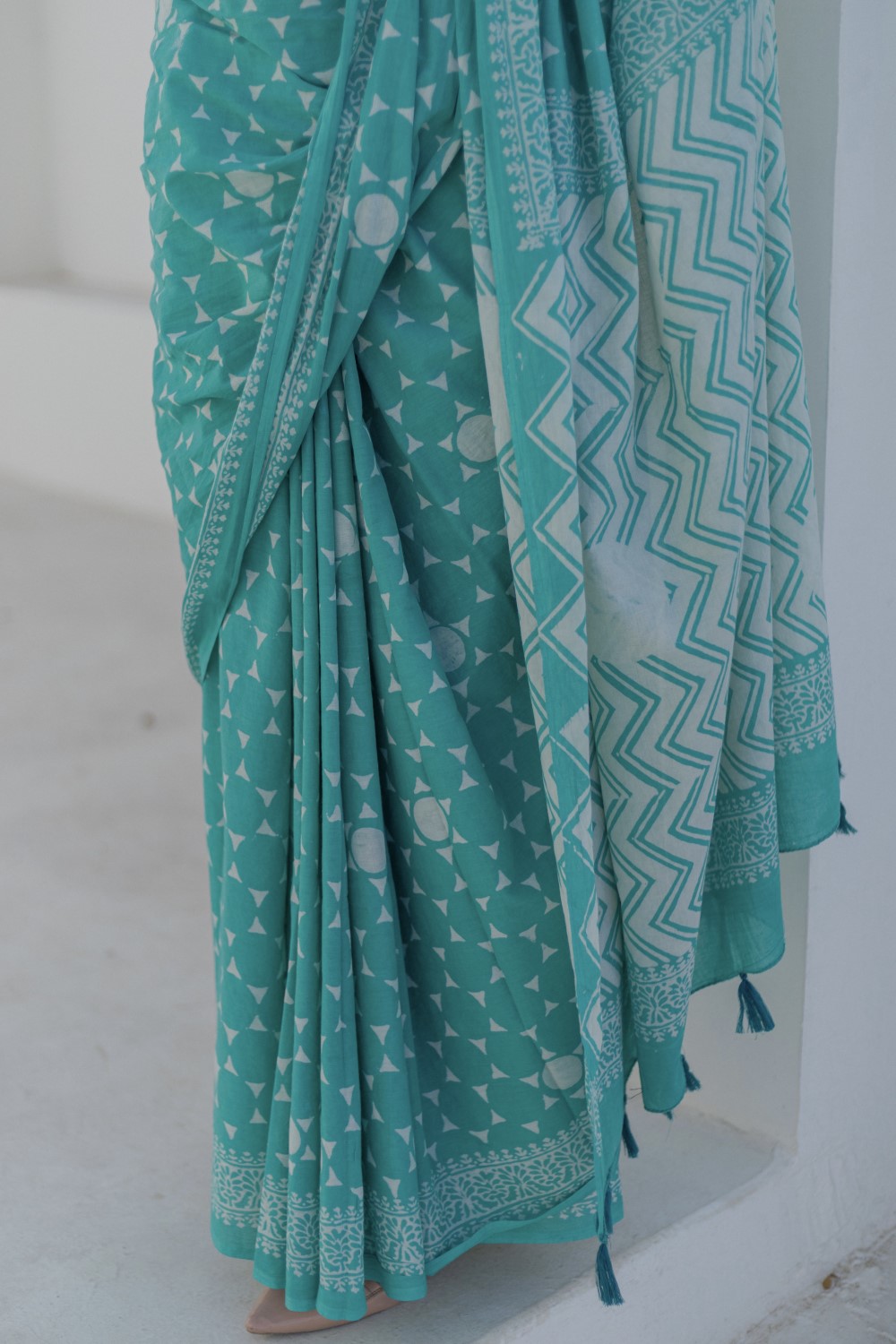 Turquoise Blooms - Hand Block Mul Cotton Saree - SootiSyahi