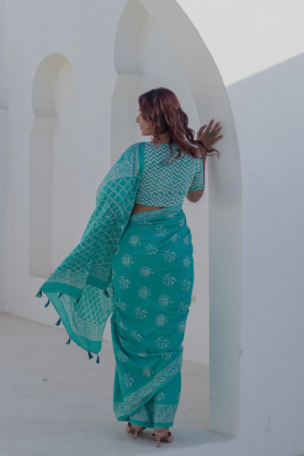 Aqua Florals - Hand Block Mul Cotton Saree - SootiSyahi