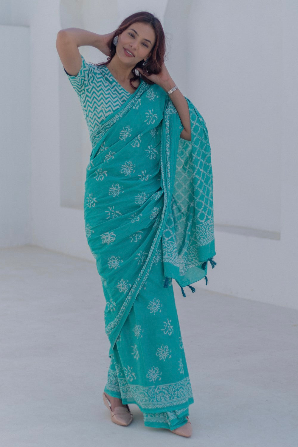 Aqua Florals - Hand Block Mul Cotton Saree - SootiSyahi