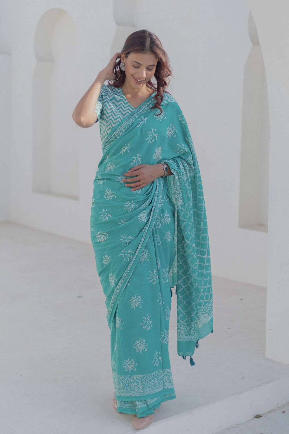 Aqua Florals - Hand Block Mul Cotton Saree - SootiSyahi