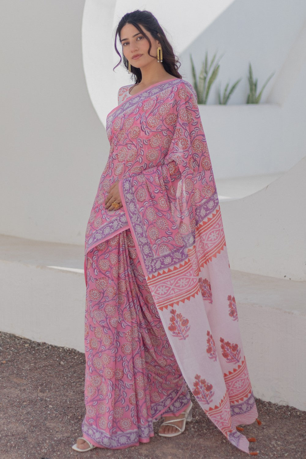 Rose Paisley-handblock-print-mul-cotton-saree