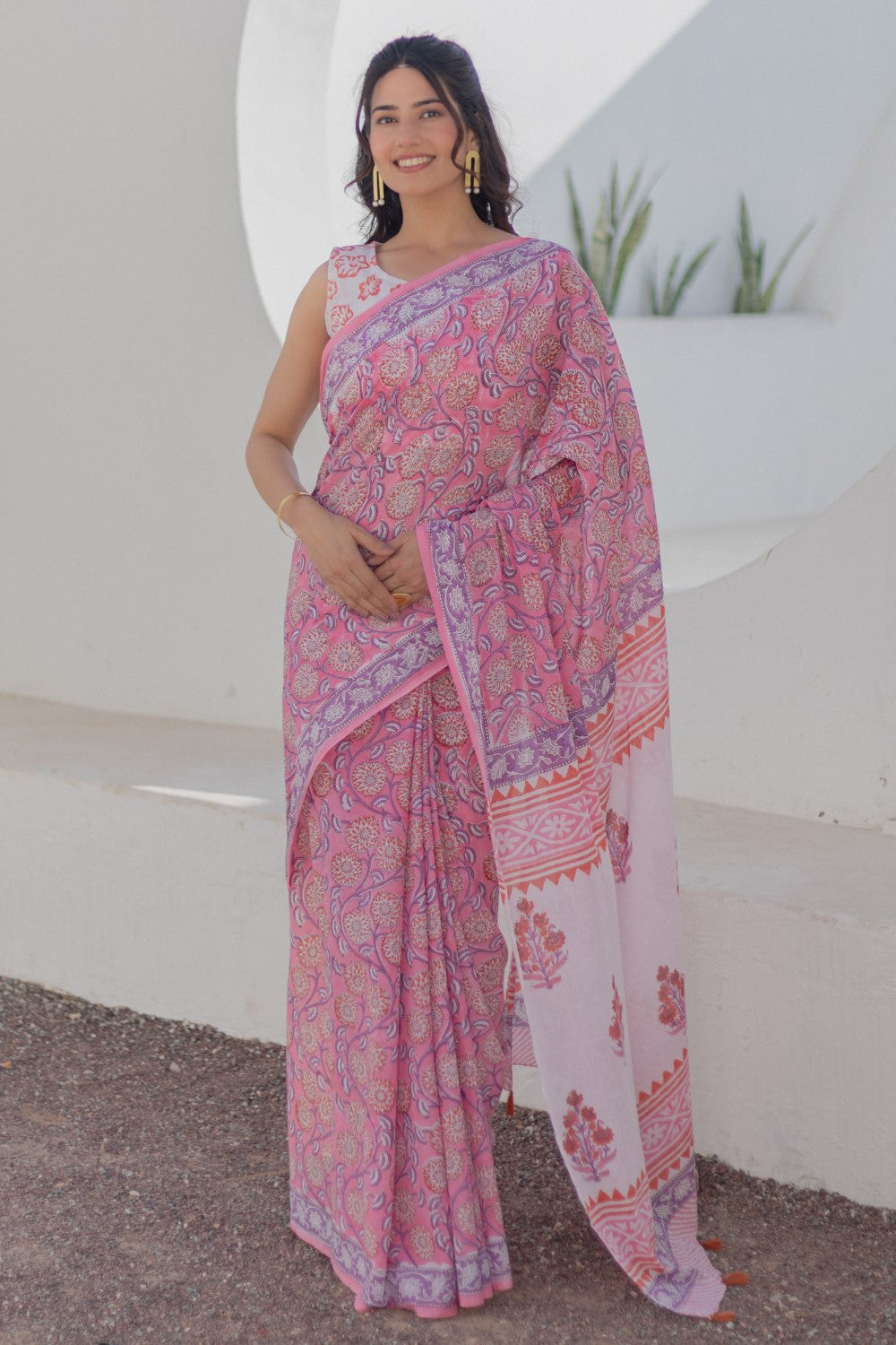 Rose Paisley-handblock-print-mul-cotton-saree