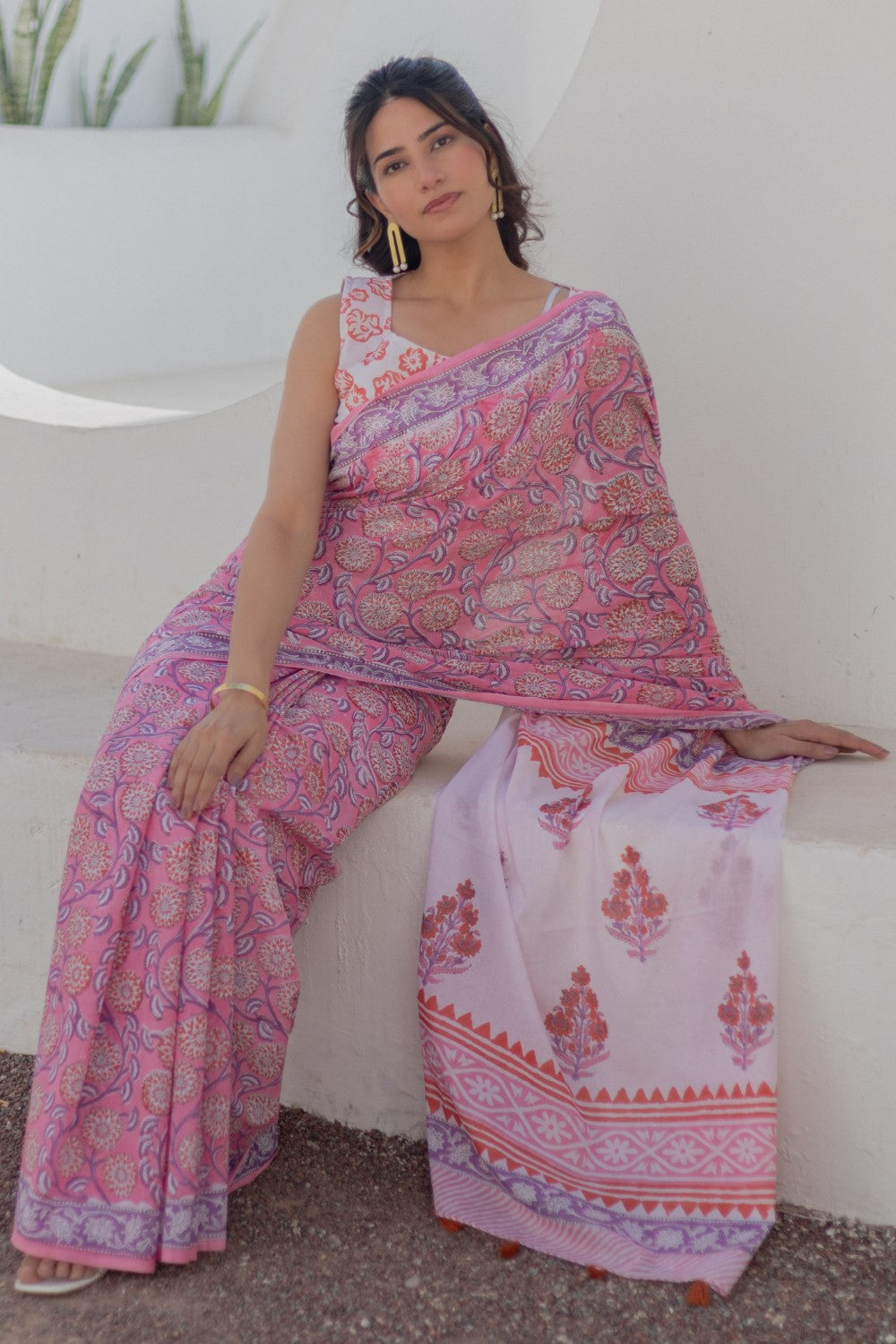 Rose Paisley-handblock-print-mul-cotton-saree