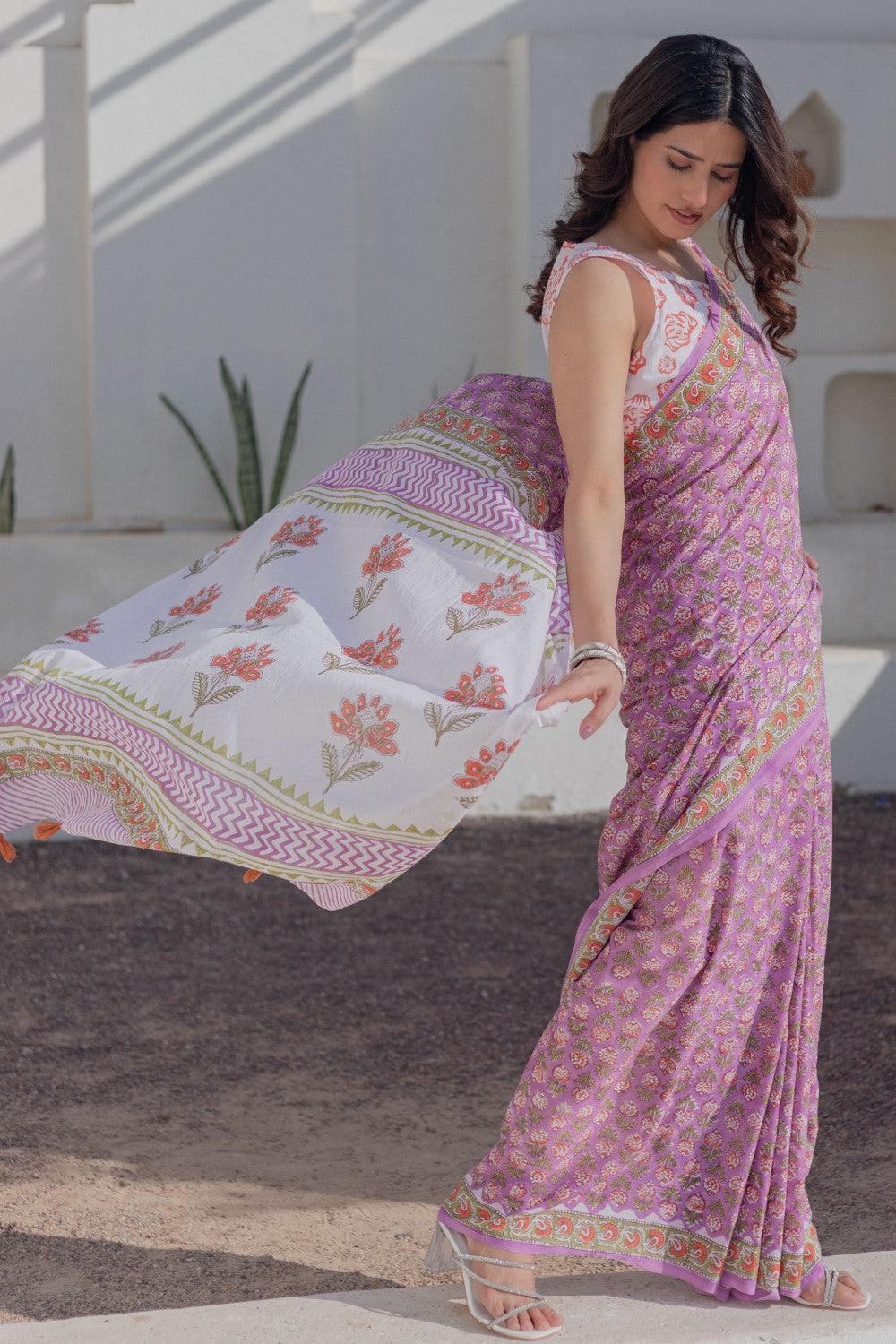 Lavender Dreams-handblock-print-mul-cotton-saree