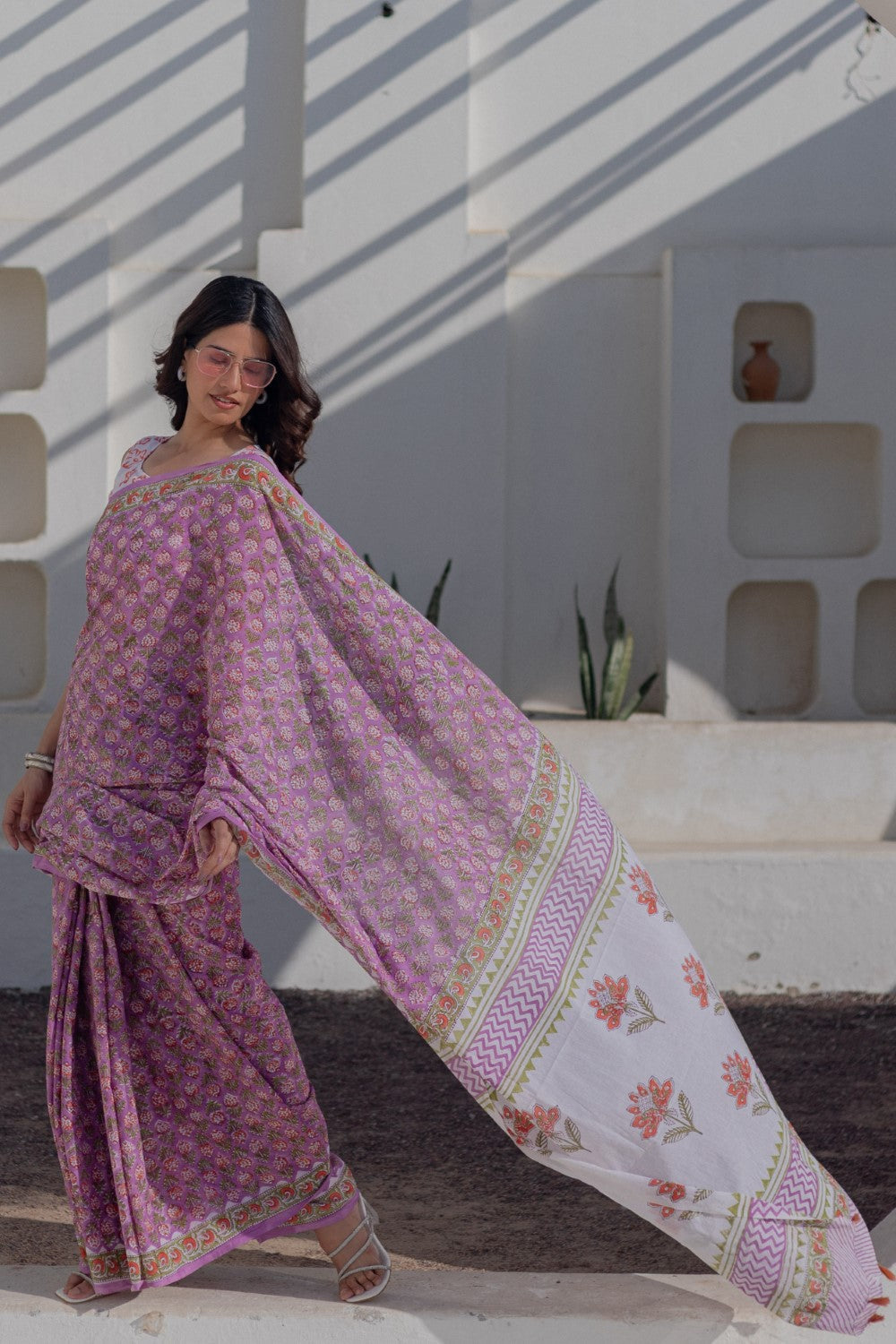 Lavender Dreams-handblock-print-mul-cotton-saree