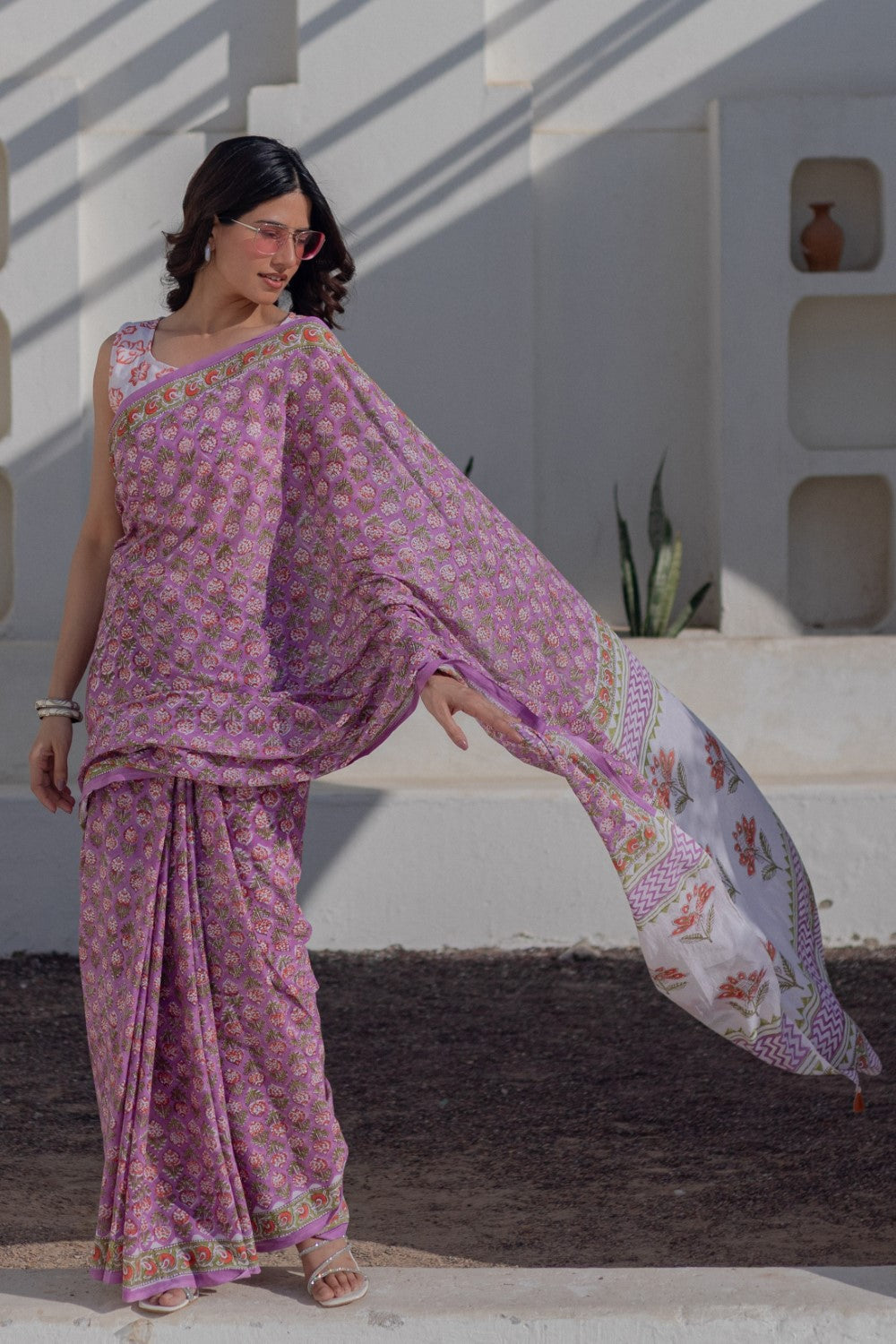 Lavender Dreams-handblock-print-mul-cotton-saree