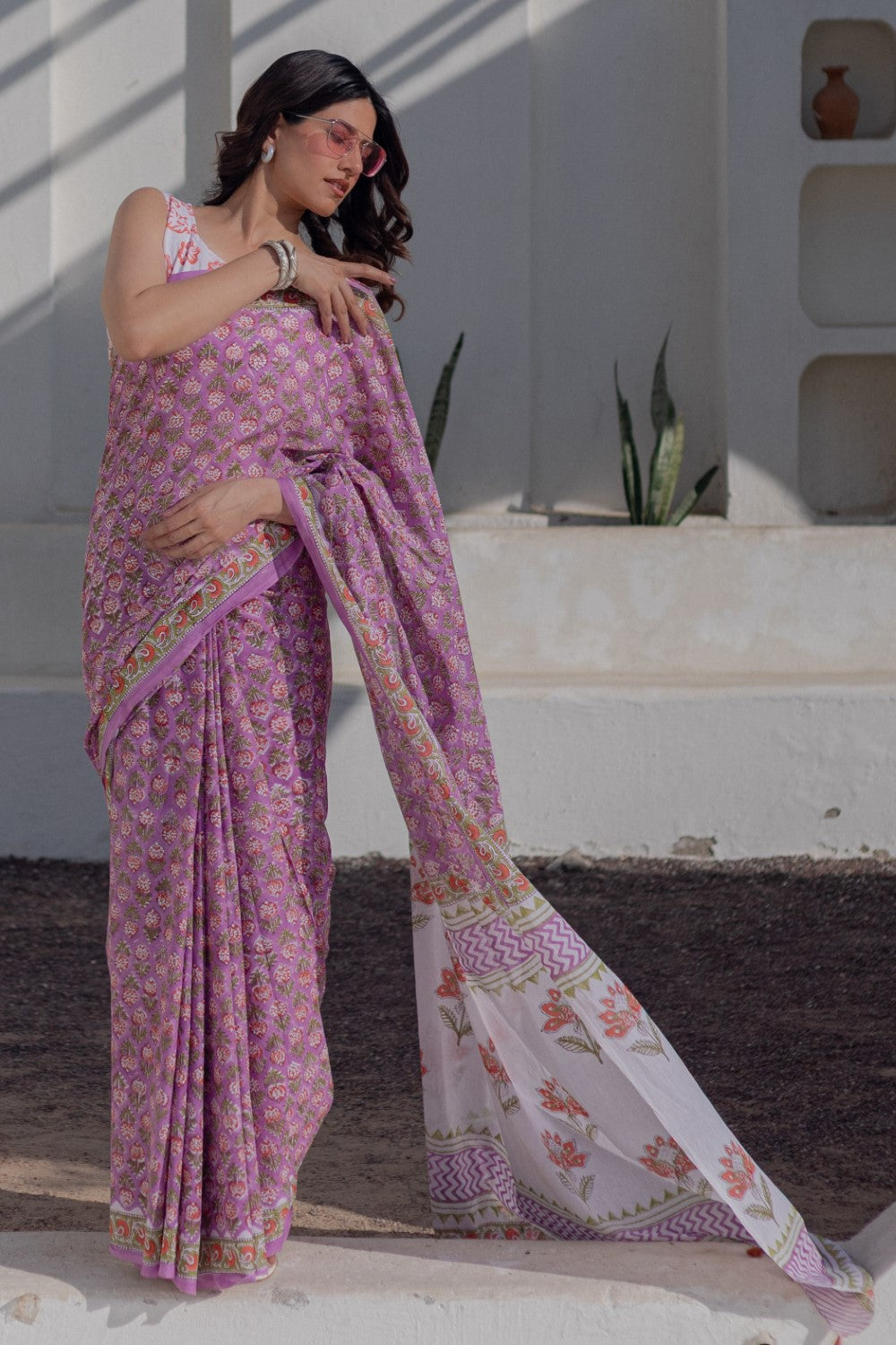 Lavender Dreams-handblock-print-mul-cotton-saree