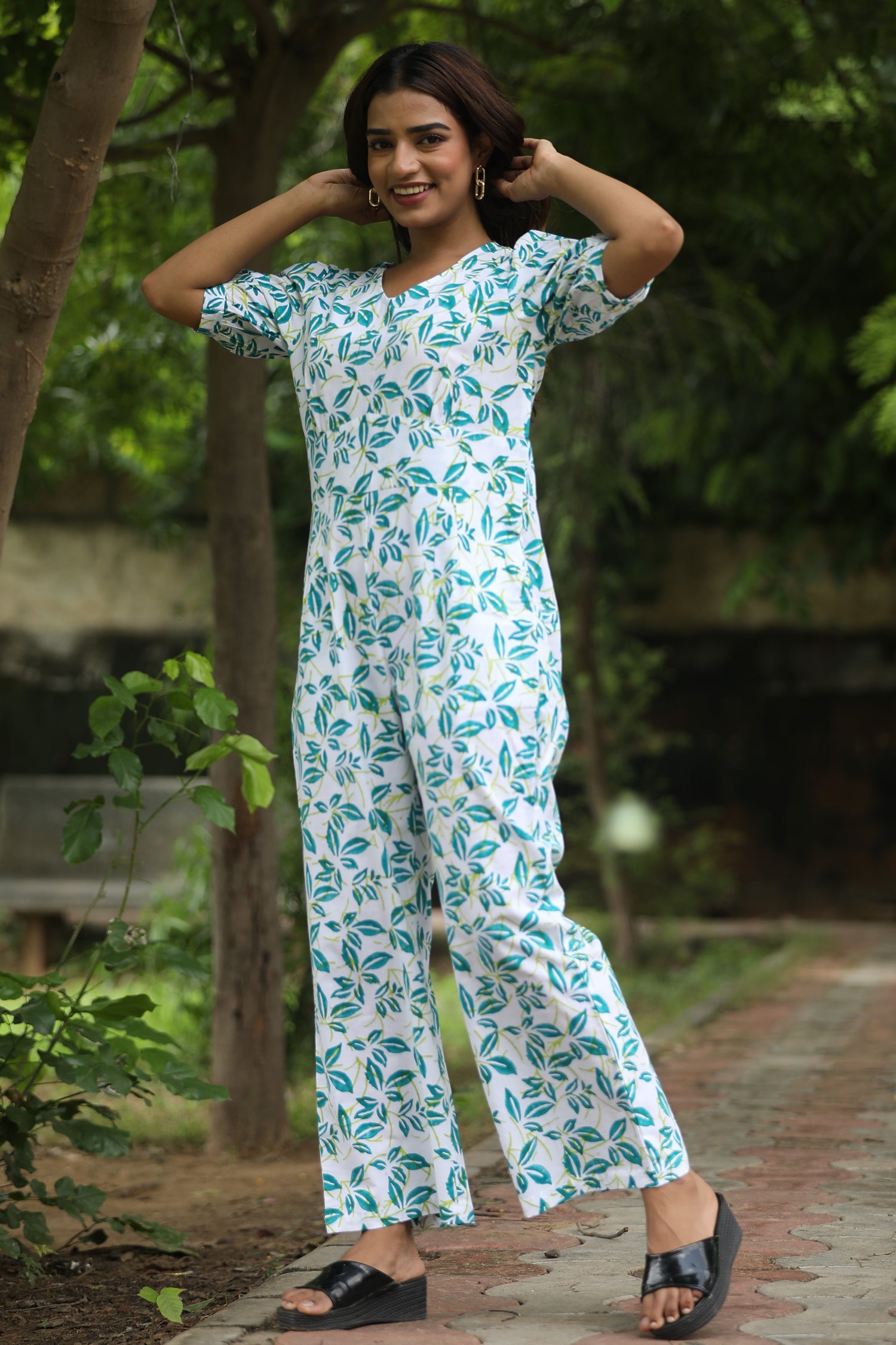 Hazel Leaves Hand Block Printed Jumpsuit