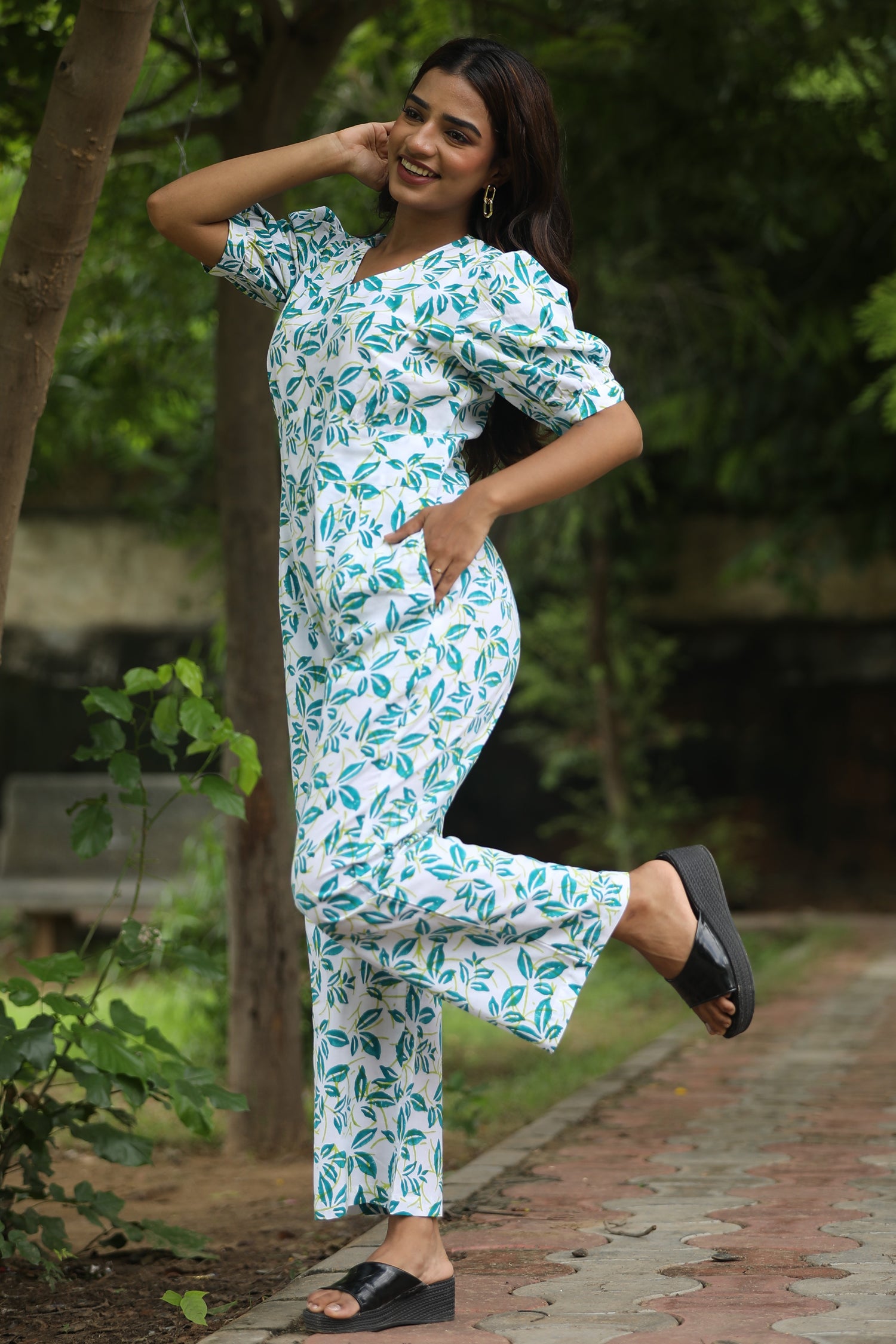 Hazel Leaves Hand Block Printed Jumpsuit