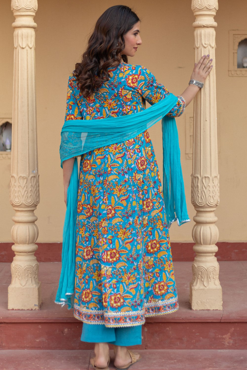 SootiSyahi-“Turquoise Festival" Hand Block Printed Cotton Suit Set