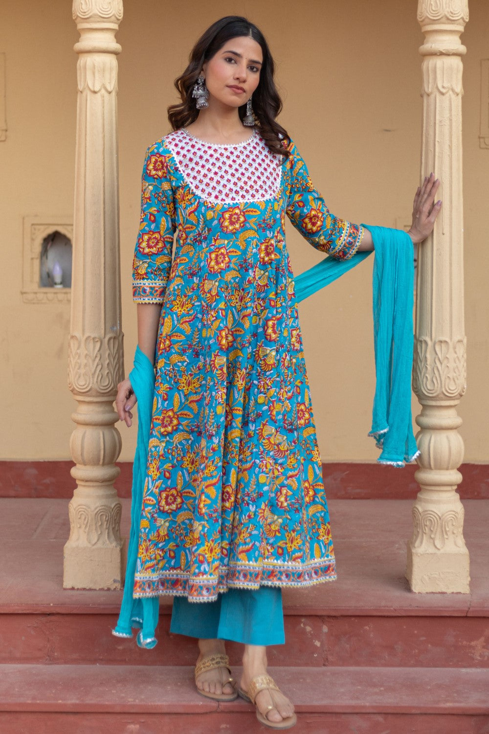 SootiSyahi-“Turquoise Festival" Hand Block Printed Cotton Suit Set